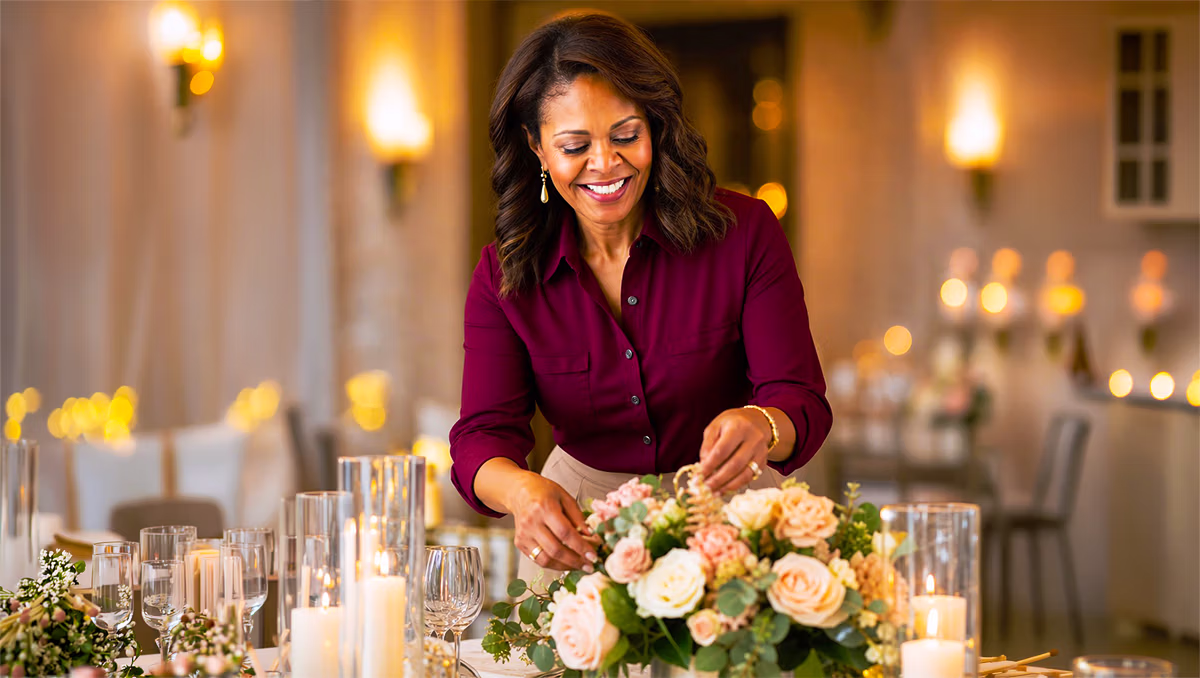 Bri Absher arranging a blush floral centerpiece on a candlelit reception table