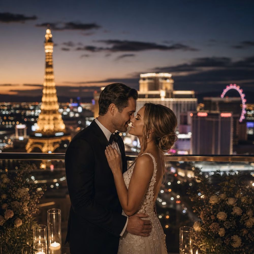 Bride and groom embracing on a rooftop terrace with the Las Vegas Strip skyline behind them