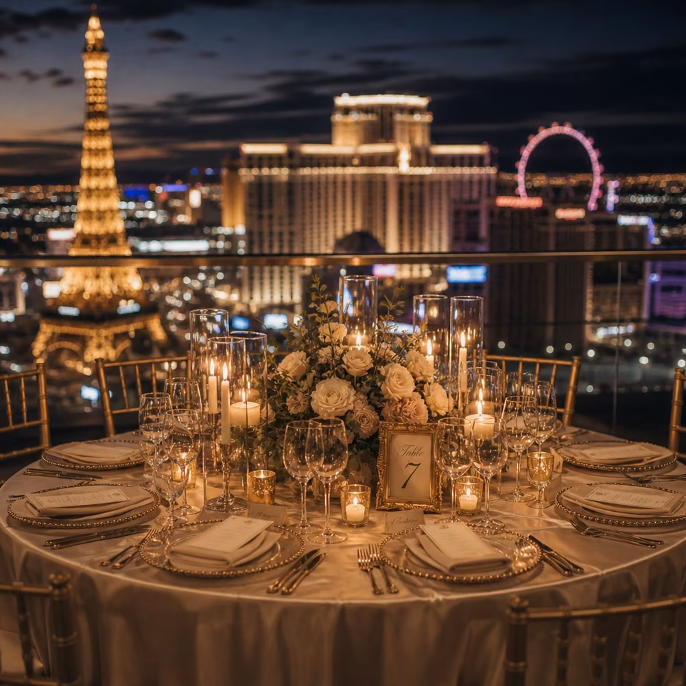 Rooftop reception table setting overlooking the Las Vegas Strip, Eiffel Tower, and High Roller at night