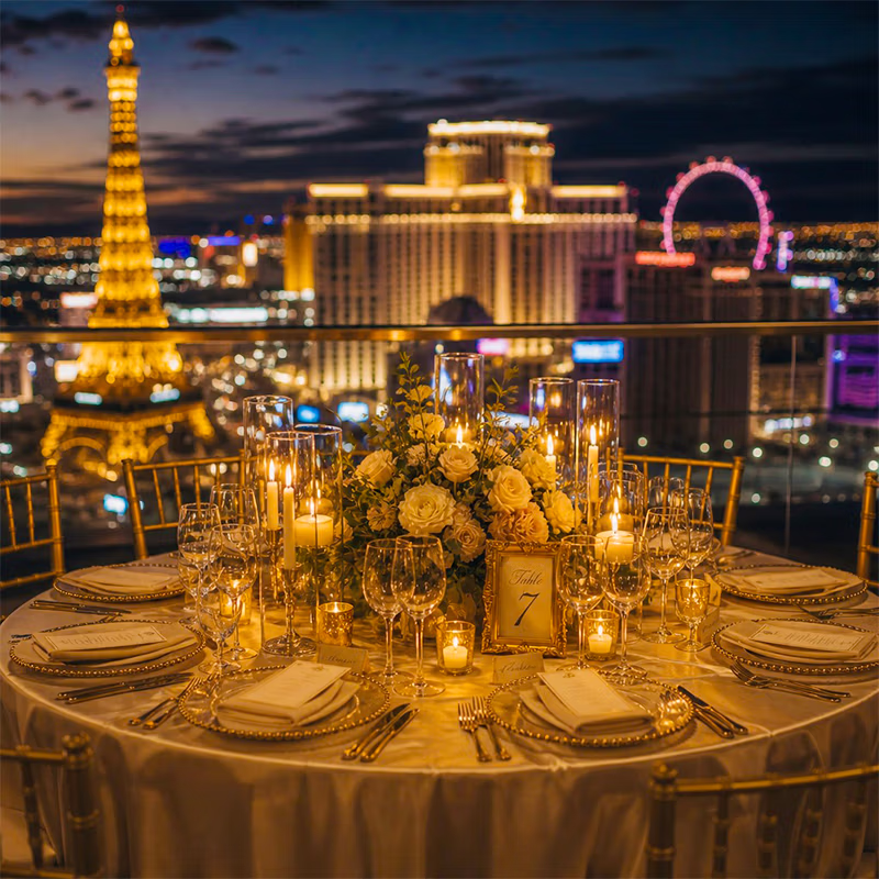 Candlelit reception table overlooking the Las Vegas Strip skyline