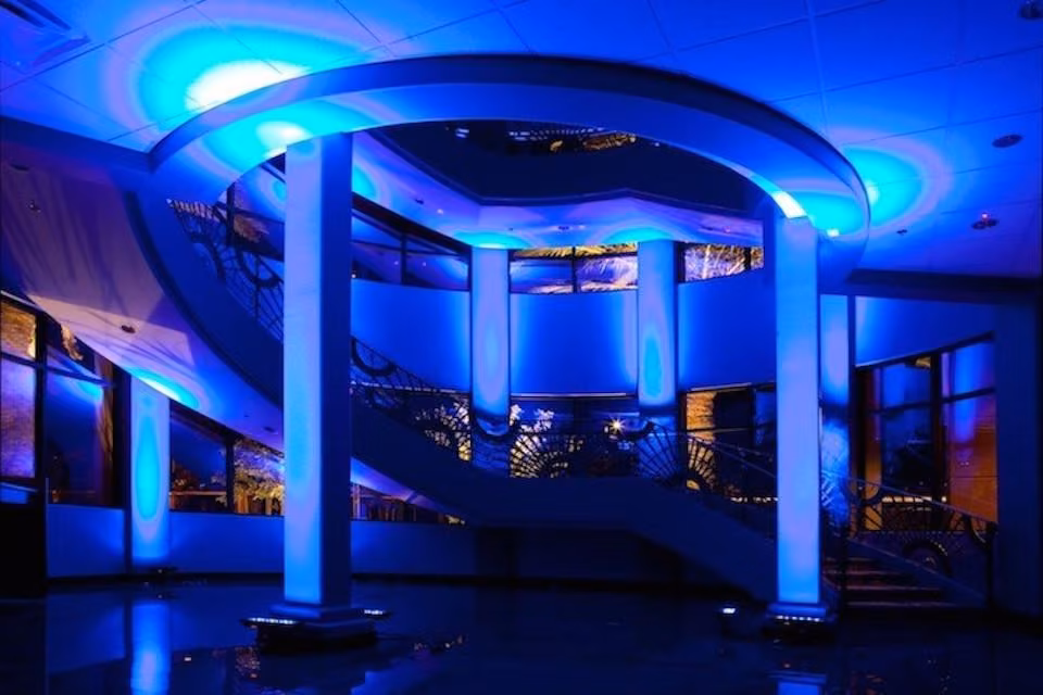 Grand staircase and columns washed in blue lighting at night